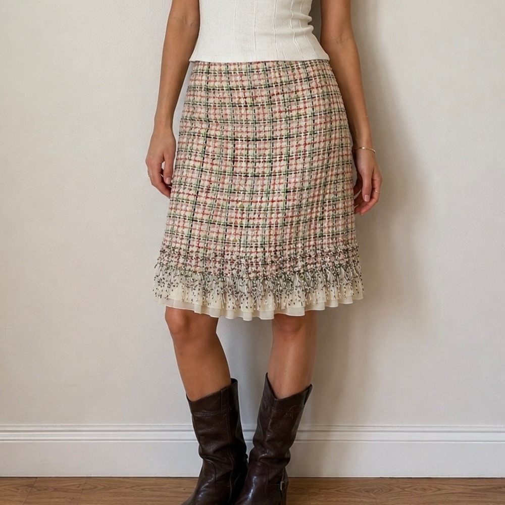 Lafayette‎ 148 Multicolor Tweed Skirt Beaded Fringe Size 2 Preppy Chic Boho